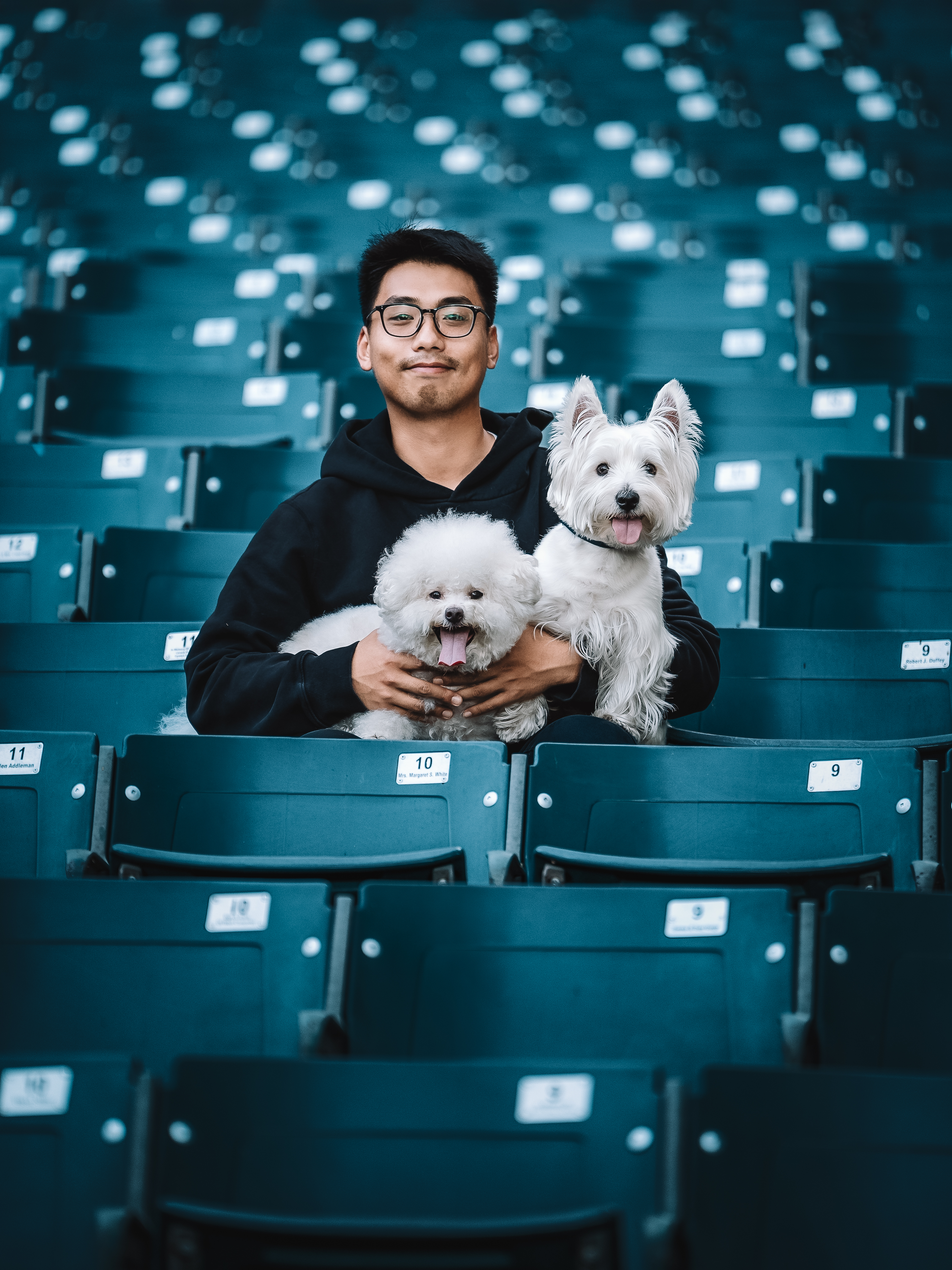 Man holding two white dogs in stadium bleachers with teal seats